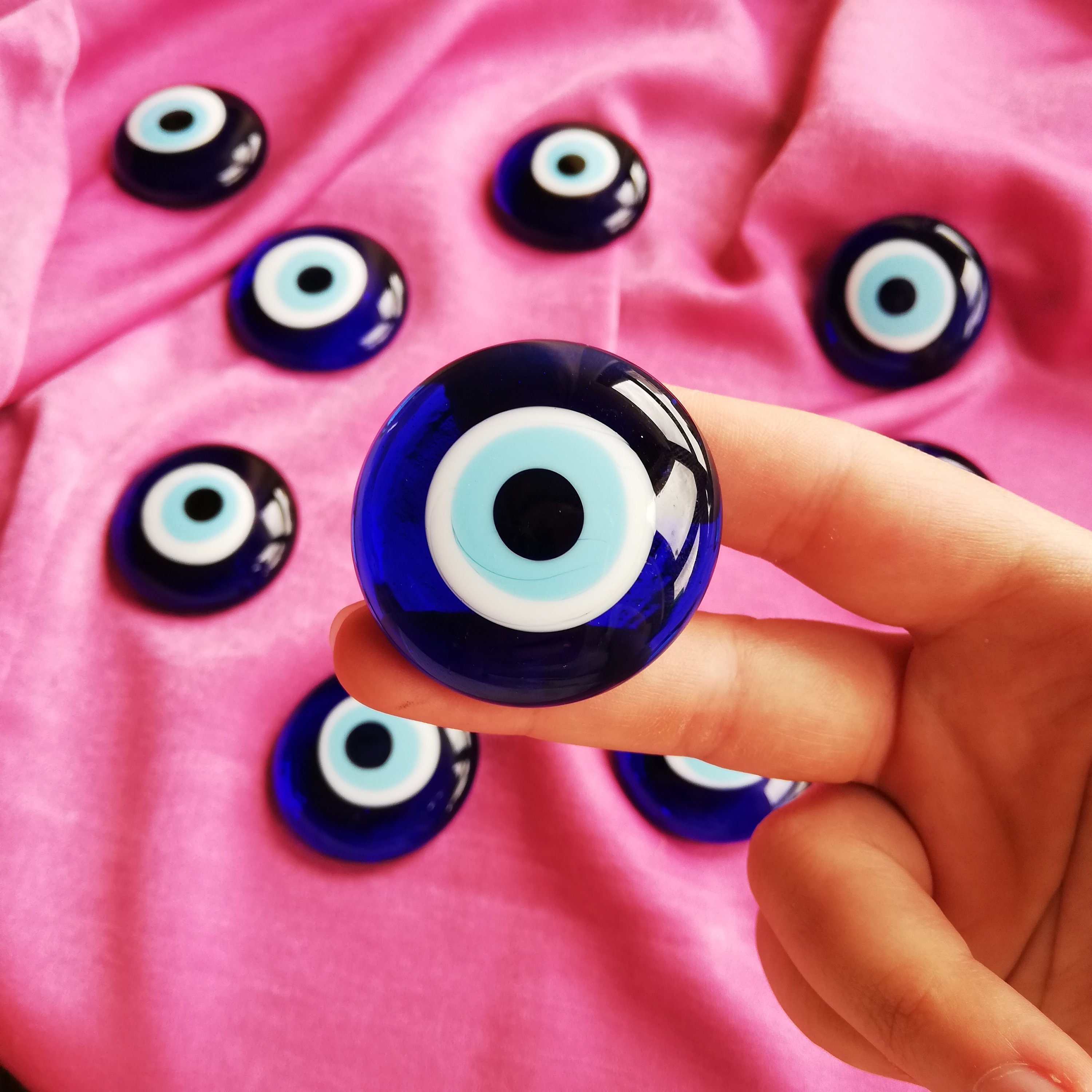 Evil Eye, Blue Evil Eye Cabochons, Nazar Boncuk, Evil Eye Supplies, Evil Eye Charm Beads, Glass Evil Eye Palm Stone for Protection, No Hole
