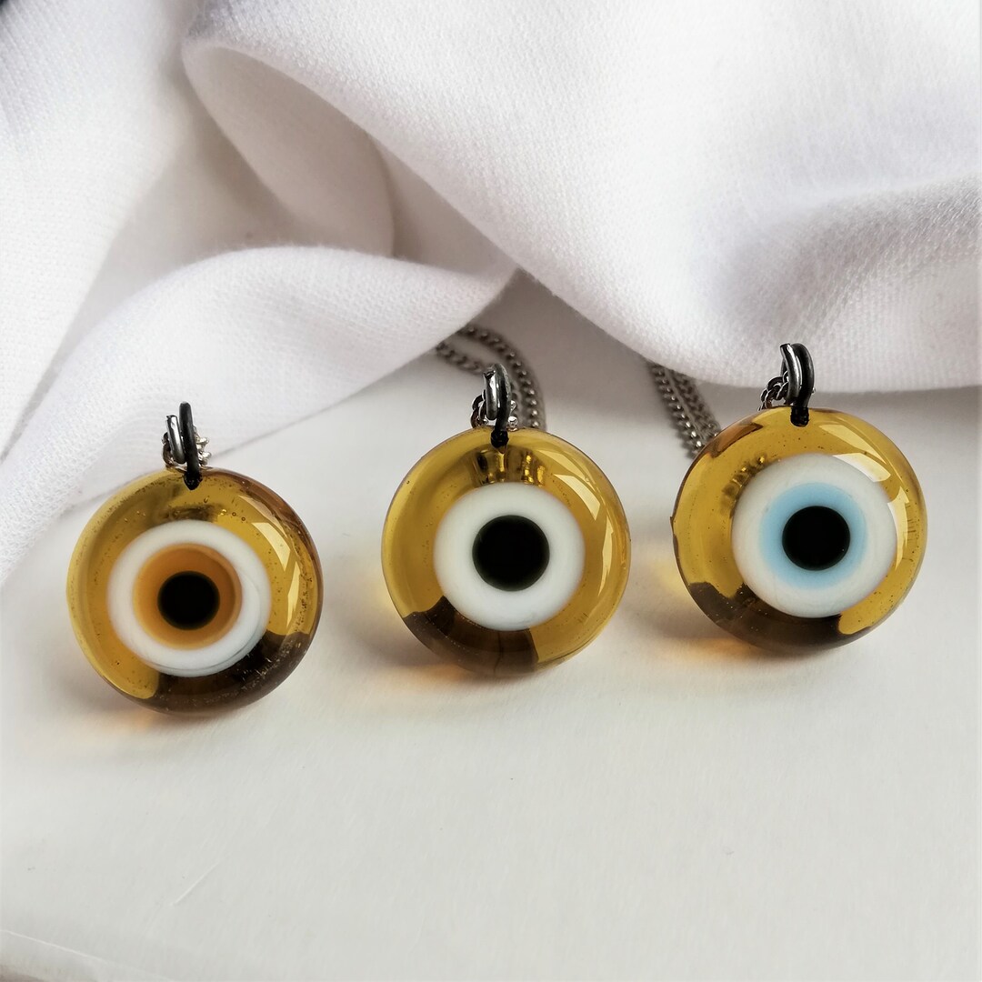 Evil Eye Necklace, Yellow Evil Eye Pendant, Glass Evil Eye Jewelry, Big