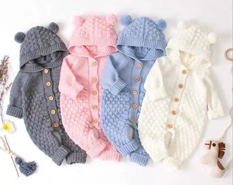 Knitted Cotton Baby Romper with Hood (0-12months)