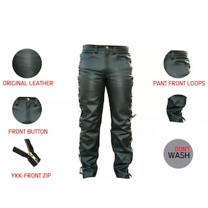 Men&#39;s LACED JEANS STYLE&#39; Black Cowhide Real Leather Biker Trouser Pants
