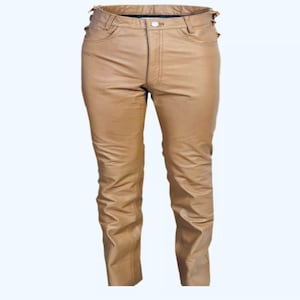 Men&#39;s Waist Side Short Laces Genuine Full Grain Leather Brown Jean Pant
