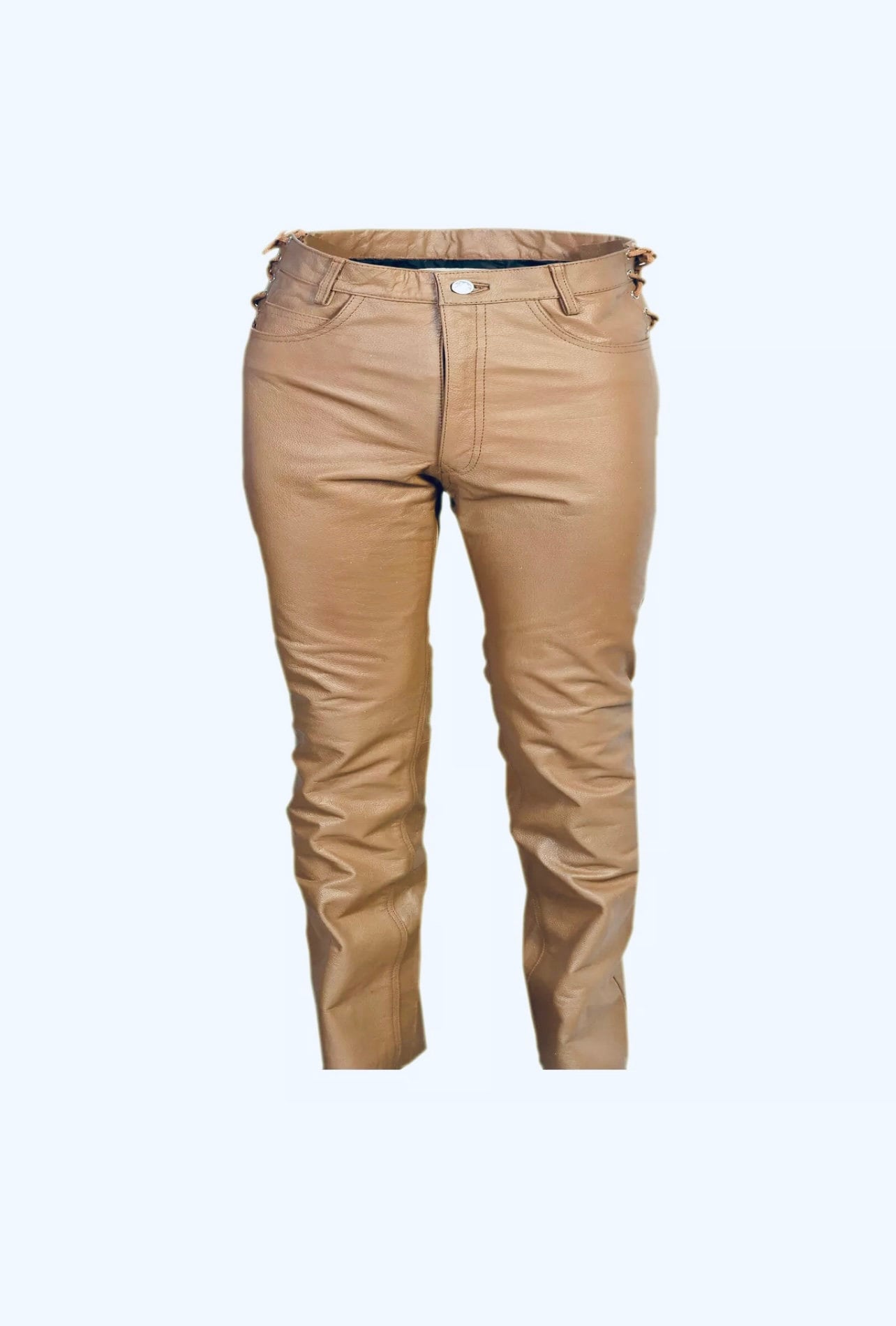 Men's Waist Side Short Laces Genuine Full Grain Leather Brown Jean Pant