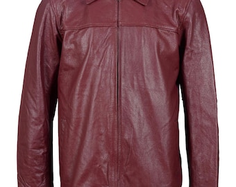 May include: A burgundy leather jacket with a zipper closure. The jacket has a classic style with a collared neckline and long sleeves.