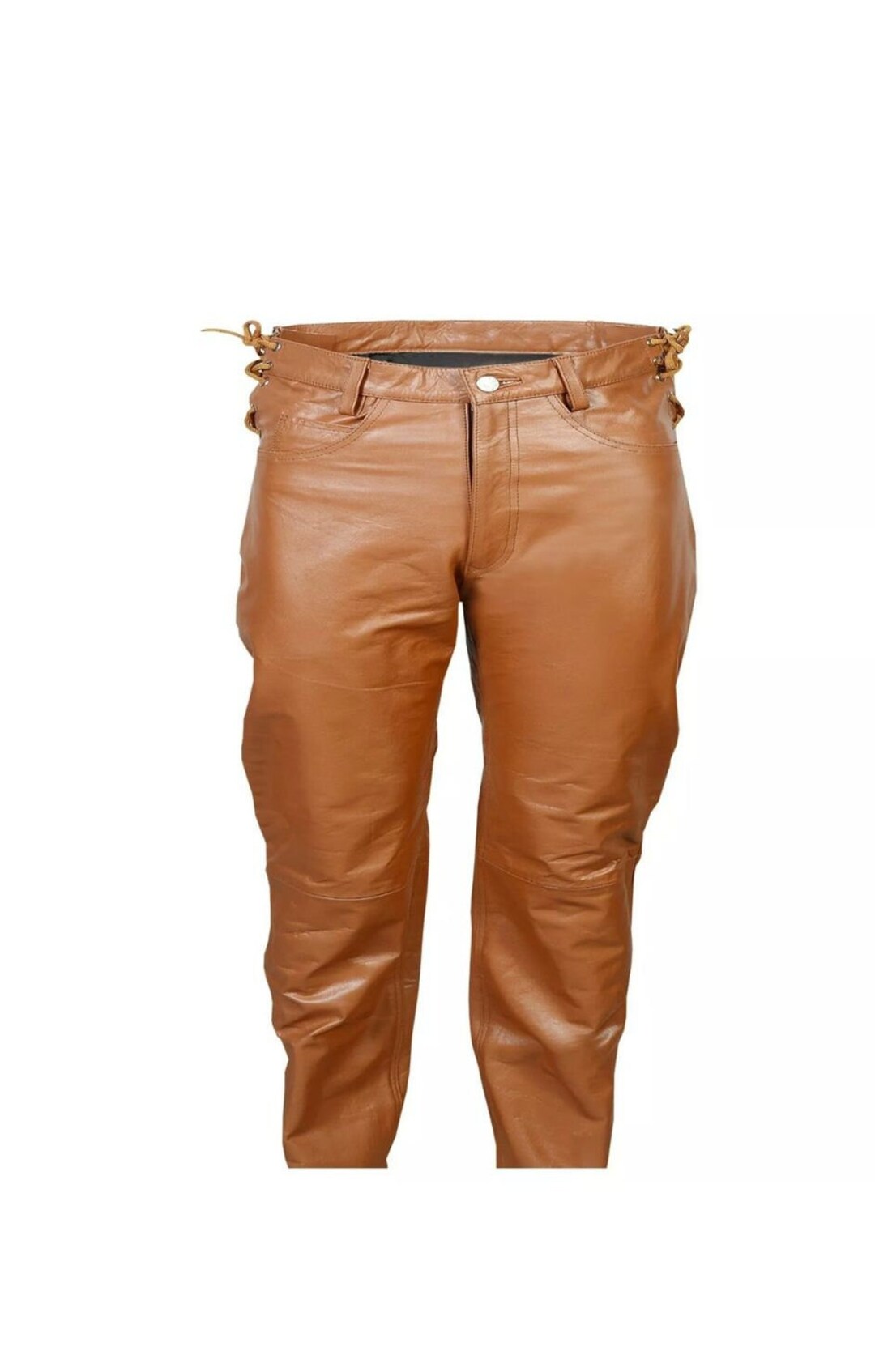 Leather Pants Men's Waist Side Short Laces Genuine Full