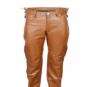 Leather Pants Men&#39;s Waist Side Short Laces Genuine Full Grain Leather Brown Jean Pant