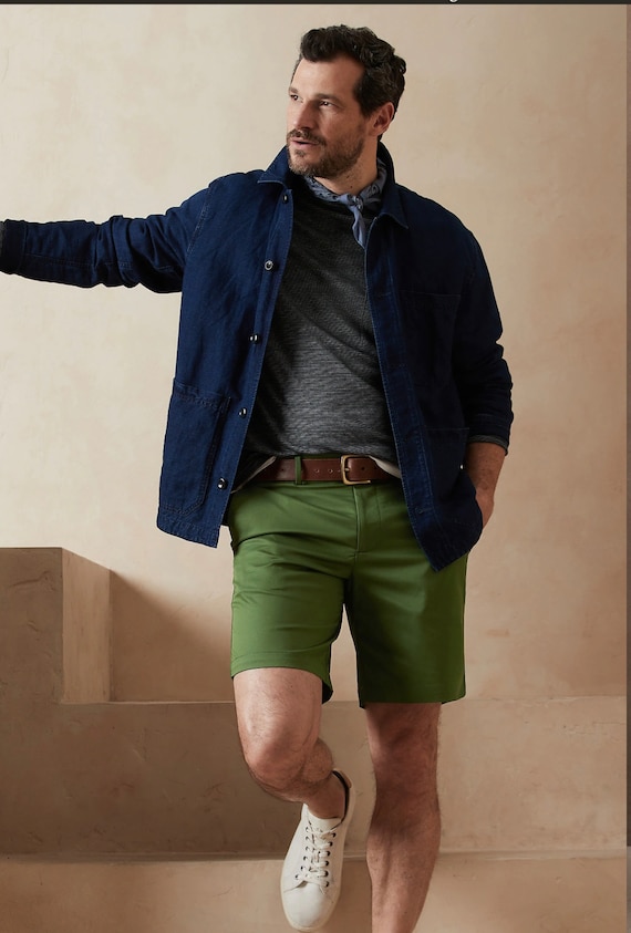 Mens Leather Shorts Green Color Casual Pockets Short Zipper Fly