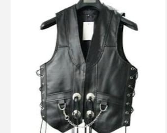 Leather vest men" Black Original COW LEATHER Vest Chain Concho Motorcycle Biker Waistcoat