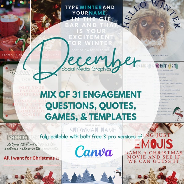 31 Winter, Christmas & Hanukkah graphics bundle, Engagement Posts, December,  Social Media ,Social Selling, Direct Sales, Canva Templates,