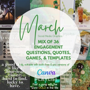 36 March Social Media Posts, Engagement Graphics, St. Patrick&#39;s Day graphics, Canva Template, Social Selling, Direct Sales, Small businesses
