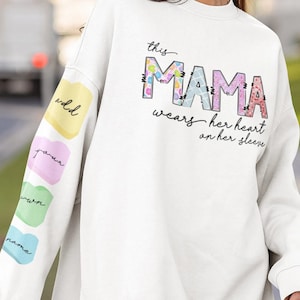 This MAMA wears her heart on her sleeve, valentines png, add your own names | digital download, t-shirt jumper png, Valentine sublimation