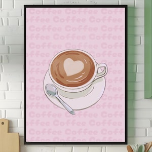 Pink Coffee Art Print, retro wall art, girly kitchen art prints, coffee bar decor, Downloadable wall art, Pink art, coffee decor, coffee