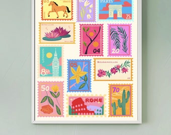 Colorful Stamp Collage Art Print, retro wall art, maximalist prints, colorful girly decor, travel themed Downloadable wall art, stamp art