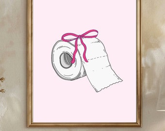 Pink Bathroom Art Print, retro wall art, girly bathroom art prints, powder room decor, Downloadable wall art, Pink bow art, bathroom decor