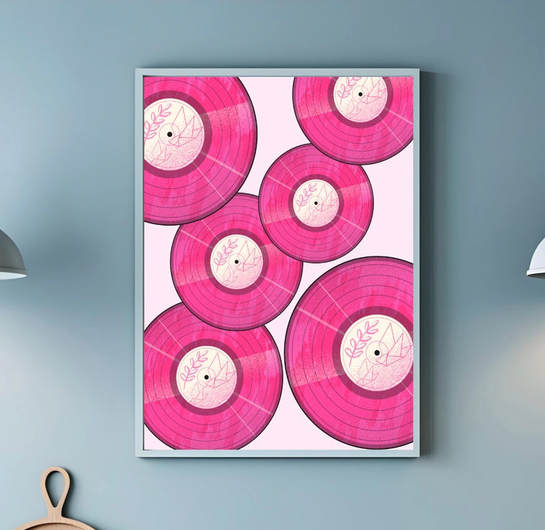 Hot Pink Record Art Print, Retro Wall Art, Pink Maximalist Prints