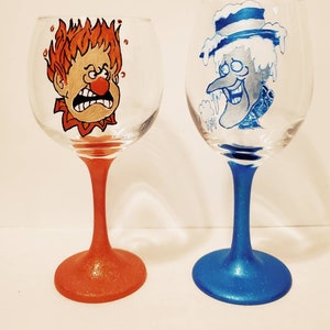 Heat miser, snow miser, miser Brothers wine glasses, the year without a Santa Claus, heat miser glass, snow miser glass,
