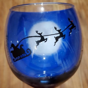 Hand painted Santa wine glass, 3D designed wine glass, Christmas wine glass, Santa's sleigh wine glass