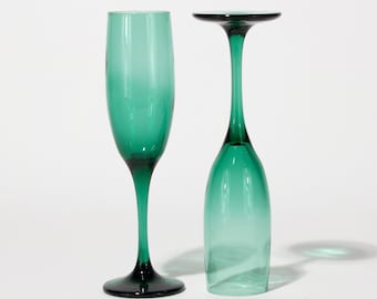 Vintage Juniper Green Glass Champagne Flutes, 1980s