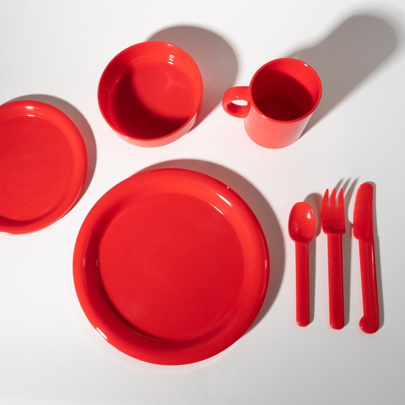 Vintage Red Plastic Picnic Set & Basket, 1970s Hong Kong image 6