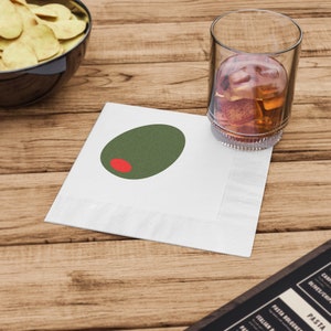 Green Olive White Coined Cocktail Napkins, Two Sizes image 1