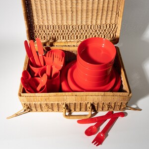 Vintage Red Plastic Picnic Set & Basket, 1970s Hong Kong image 5