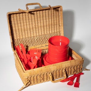 Vintage Red Plastic Picnic Set & Basket, 1970s Hong Kong image 1