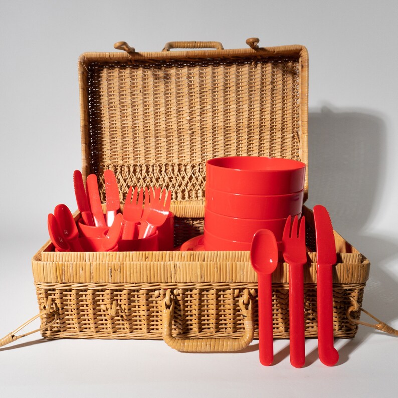 Vintage Red Plastic Picnic Set & Basket, 1970s Hong Kong image 3