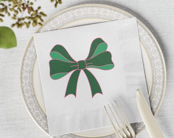 Green Bow White Coined Cocktail Napkins, Two Sizes