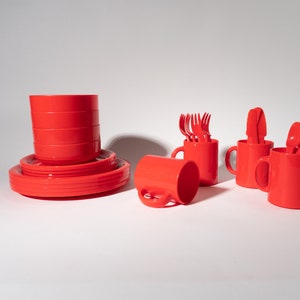 Vintage Red Plastic Picnic Set & Basket, 1970s Hong Kong image 2