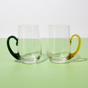 Vintage Handblown Mugs with Green & Yellow Handles, Set of 2, 1970s