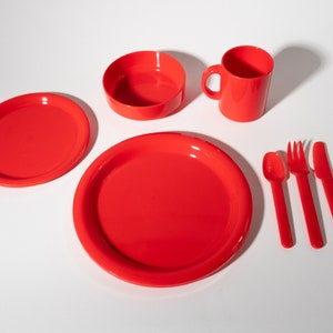 Vintage Red Plastic Picnic Set & Basket, 1970s Hong Kong image 4