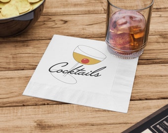 Vintage Cocktail Bar Inspired White Coined Cocktail Napkins, Two Sizes