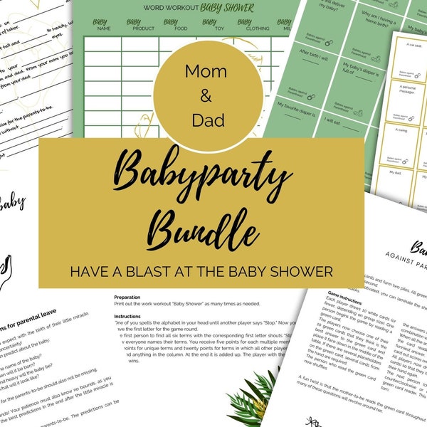 Babyparty-Bundle | English Version | 3 games for the baby shower | green jungle design| incl. Babies against Parenthood