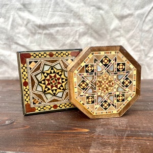 Small Wooden Jewelry Box, Walnut and Mother of Pearl. Syrian Mosaic. Handmade in Damascus, Syria, 3.5 x 3.5 x 1.5 inches, Square and Octagon