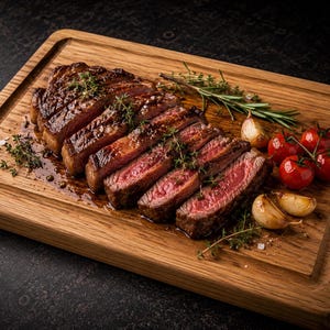 May include: A sliced medium-rare steak served on a rectangular wooden cutting board with a grooved edge. The beef is garnished with fresh green thyme sprigs, three bright red cherry tomatoes on the vine, and two roasted garlic cloves.