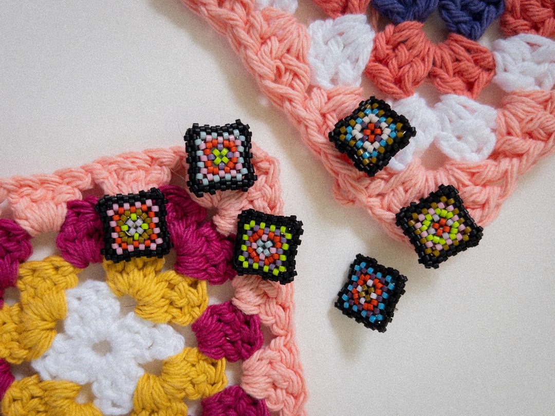Handmade Seed Bead Crochet Granny Square Earrings, Handwoven Beaded ...
