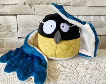 Piouf bird comforter. Titmouse plush toy. Child's first name. Customizable. Child gift, birth list. Handmade comforter.