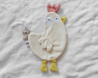 Customizable chicken flat comforter. Child's first name. Color of your choice. Baby gift, birth list. Handmade cuddly toy.