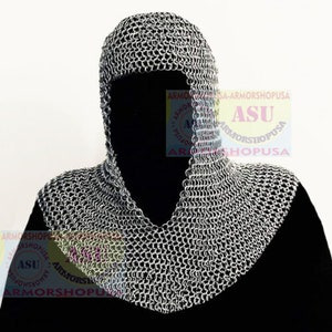 Chainmail Coif Aluminum V-neck Chain mail Hood Medieval Reenactment Armor Costume Birthday Gift ,Anniversary Gift