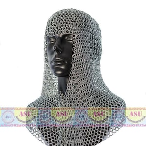 Chainmail Coif Aluminum V-neck Chain mail Hood Medieval Larp Re-enacment costume BirthdayGift