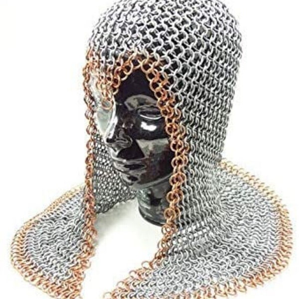 Butted Chainmail Open Neck Coif/Hood for Hauberk 10 mm Aluminum Medieval Knight Coif Best for Replica Collection, Handmade with Golden Ring