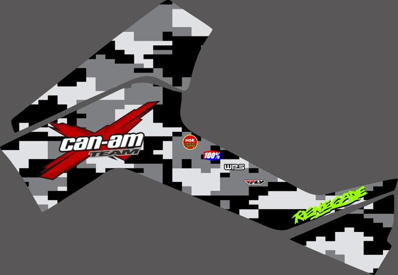 May include: Black and white camouflage graphic design with the text "can-am team" in red and "Renegade" in green. The design also includes the text "100% WPS" and "NOK 100%"