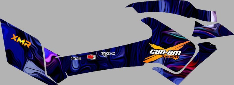 May include: Blue and purple abstract graphic design with a yellow "Can-Am Team" logo and "XMR" text.