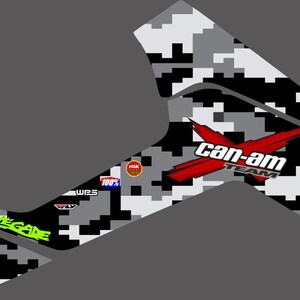 May include: Black and white camouflage graphic design with a red "Can-Am Team" logo. The design also includes the words "Renegade" and "WPS" in green and blue.