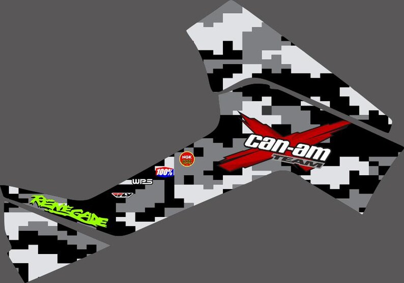May include: Black and white camouflage graphic design with a red "Can-Am Team" logo. The design also includes the words "Renegade" and "WPS" in green and blue.