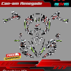 May include: A black and white camouflage graphic kit for a Can-Am Renegade ATV. The kit includes a variety of decals with the Can-Am logo and the words "Renegade" and "Speed" in green.
