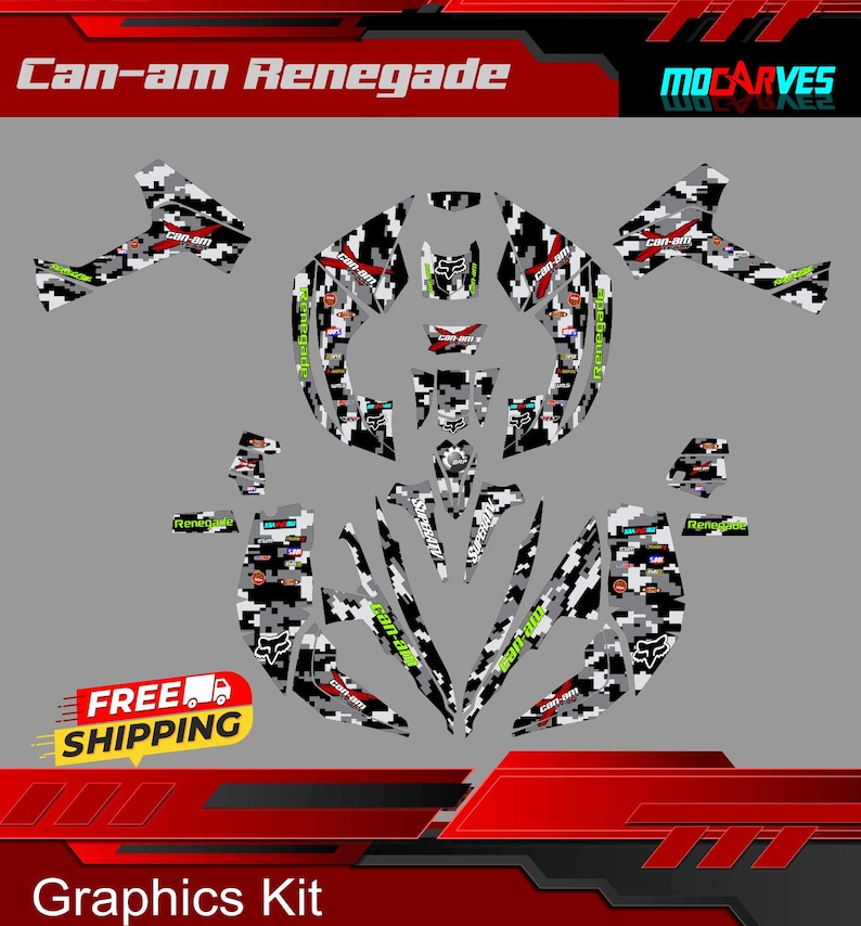 May include: A black and white camouflage graphic kit for a Can-Am Renegade ATV. The kit includes a variety of decals with the Can-Am logo and the words "Renegade" and "Speed" in green.