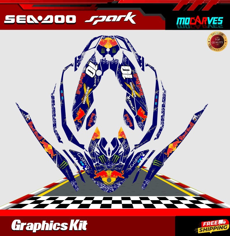 May include: A blue, white, and red Sea-Doo Spark watercraft graphics kit with Red Bull and GoPro logos. The kit includes a variety of decals for the hull, sides, and front of the watercraft.