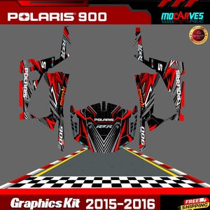 May include: A red, black, and gray graphic design kit for a Polaris RZR 900. The design features the words "Polaris" and "RZR" in a bold font. The kit is designed for the 2015-2016 model years.