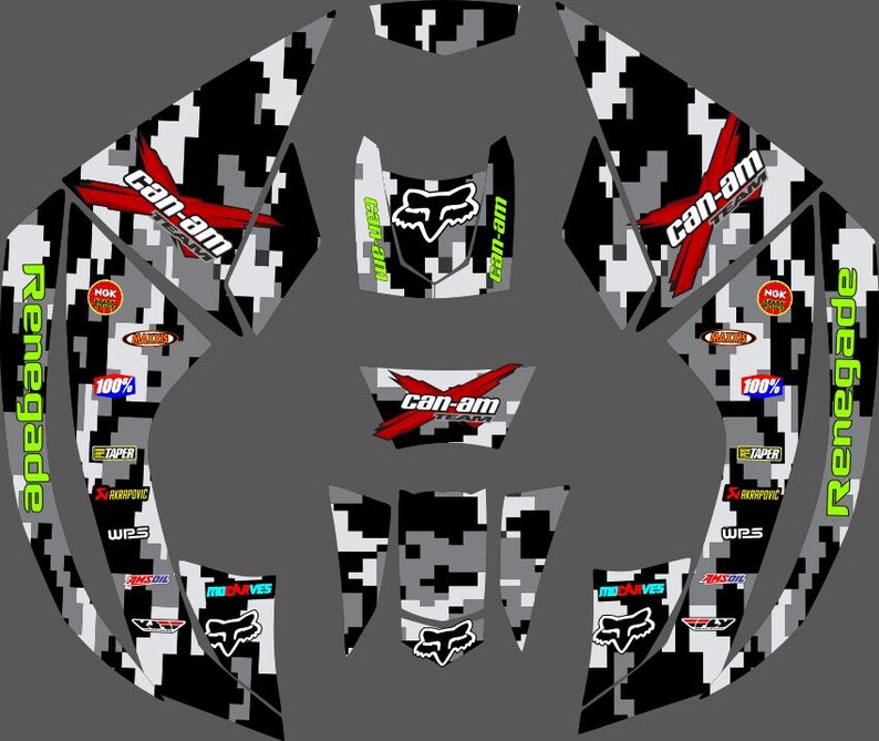 May include: A set of black and white camouflage vinyl decals for a Can-Am Renegade ATV. The decals feature the Can-Am logo, the Fox Racing logo, and the words "Renegade" and "Can-Am Team".