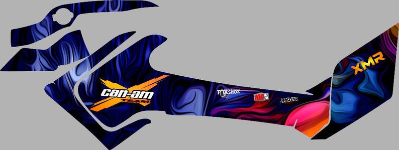 May include: A blue, pink and orange graphic design with a swirling pattern. The design features the text "Can-Am Team" in yellow and "XMR" in yellow.